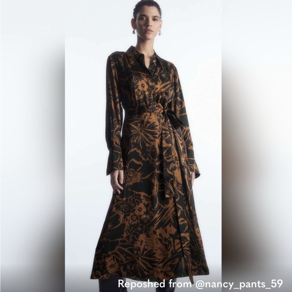 Cos Printed Midi Shirt Dress Orange and Black Floral Ladies Size 10 Flowy